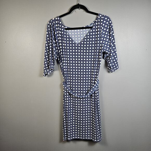 Leota Womens Midi Dress V Back Geometric Print Blue/White Size Medium Tie Waist - Picture 2 of 7